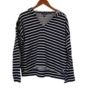 Chaps Cotton Navy Blue, White Striped Pullover Hoodie, Size Large